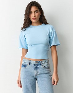 Short Sleeve Rib Waist Knit Top in Vapor Blue | Glassons US