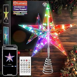 Lumary Smart Christmas Tree Topper Star 12 Inch, RGB Color Changing Xmas Decorations Lights Window Decor, Bluetooth APP and Remote Control