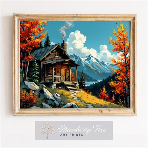 Rustic Log Cabin Autumn Scene - Cozy Downloadable Graphic, Chalet Landscape, Printable Art, Peaceful Mountain View - Etsy