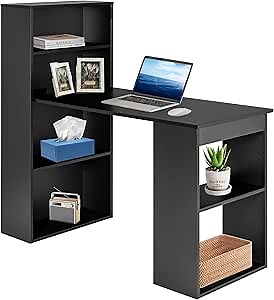 Computer Desk with Bookcase, 48” Modern Writing Table Desk with Storage Shelves and CPU Stand, Reversible Study Workstation for Home Office Bedroom (Black)