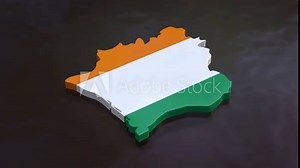 3D map of Côte d'Ivoire moving on a brown textured floor. The country's area features the Côte d'Ivoire flag texture with a luma matte effect. 3d rendering