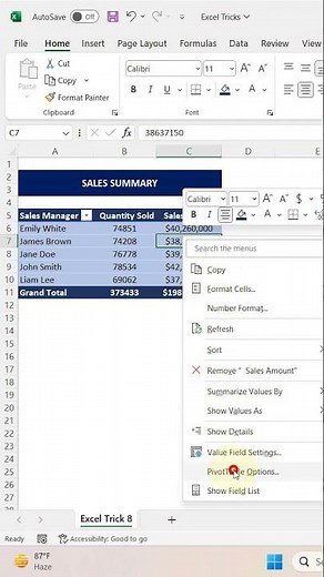 Excel Trick 8 - How to Disable Auto Column Width Features in Pivot Table #shorts
