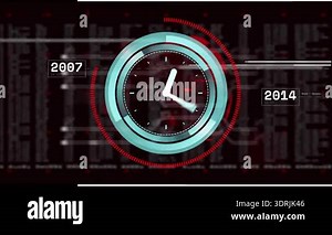 Startup launching clock rotating rings advancing hands, pulsing map and scrolling labels in tech UI. Futuristic, digital, high-tech, data visualization, interface, corporate, vibrant Stock Video Footage - Alamy