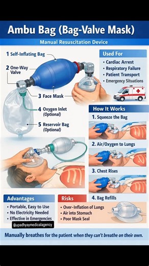 Upadhyay Medical Agency on Instagram: "An Ambu Bag, also known as a Bag-Valve-Mask (BVM) or manual resuscitator, is a hand-held device used to provide respiratory support by delivering positive pressure ventilation (PPV) to patients who aren't breathing adequately, featuring a self-inflating bag, a one-way valve, and a mask, essential for emergency responders and critical care for temporary breathing assistance. Key Components & Function Self-Inflating Bag: A compressible bag that refills with a