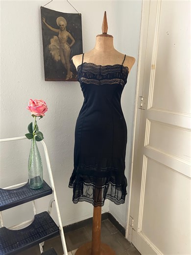 Vintage 1950s Black Nylon Slip Dress With Chiffon and Lace Trim - Etsy