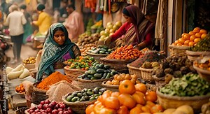 rural markets in India, with very sharp details capturing bustling scenes of vendors selling fresh produce, spices, textiles, and handicrafts that showcase the richness of local traditions and crafts