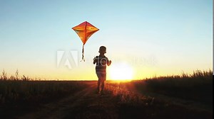 A boy playing with a kite in the meadow. Happy boy launches bright kite into sky. Lifestyle. A childhood dream.