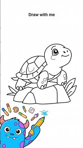 How to Draw a Cute Baby Turtle on a Rock! 🐢🪨 | Easy Drawing for Kids