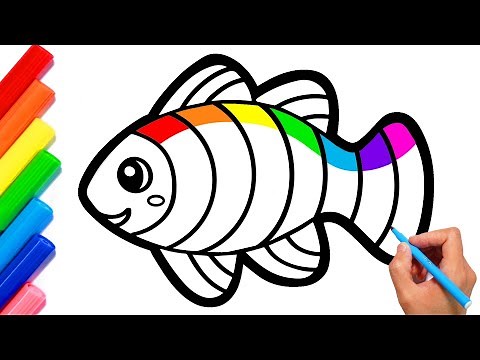 Rainbow Fish Painting and coloring page for kids - How to draw a Fish