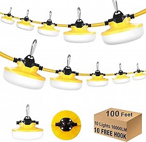 100FT LED Construction String Lights 3 Prong, 130W 16000Lm LED String Work Lights, 5000K Daylight Temporary Lighting for Construction Sites, Jobsite, Renovation, Mine Cave, UL Listed