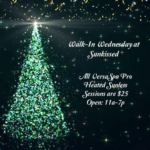Sunkissed Tanning on Instagram: "Walk-In Wednesday! Come get a a VersaSpa Pro Heated Sunless Booth spray tan session for $25 (originally $35) today! No appointments required! It’s the best way to celebrate being half way through the week! Open 11a-7p! ☀️💋 #sunkissed #tanning #salon #walkinwednesdays #versaspapro #spraytan #shopsmall #shoplocal #supportlocal #supportsmall"