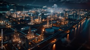 Crude oil drilling platform in the middle of the sea at night and industrial pipelines in a large factory behind an upstream undersea crude oil and gas production facility.