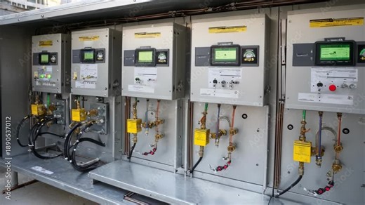 Fixed radiation sensors mounted on industrial walls continuously monitor radioactive emissions near hazardous waste storage areas.