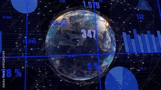 Crosshair grid sweeping in, translucent Earth globe rotating, numbers updating for live analytics