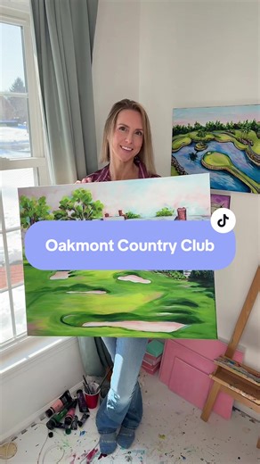 Oakmont Country Club ⛳️ I have loved working on this painting and am so glad I added back in the pops of pink! What do you think? #golfcourse #oakmontcountryclub #golftiktok #womeningolf #golfgirls