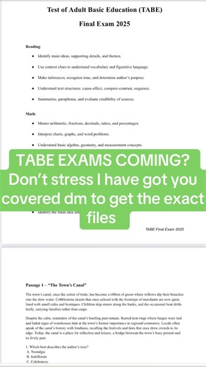 TABE exams don’t have to be stressful ,With these verified files, you’ll know exactly what to expect. Study smart, save time, and pass on the first try #TABEExams #GED #StudyTips #ExamFiles
