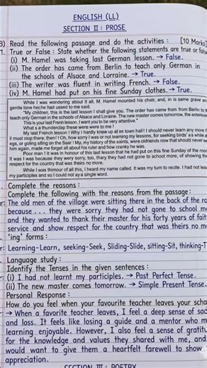 Class 9 English State Board: "The Last Lesson" Comprehension Passage & Solved Activities