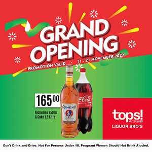 TOPS at SPAR Liquor Bro’s opens in Welkom this Saturday, 12 November 2022! Find them at 314 Long Road, Welkom Square. Spend R500 or more and get a free cooler box or spend R300 or more and get a free rugby jersey. Only valid on 12 November 2022. T's & C's apply. Some of the specials on offer: ➡️Richelieu 750ml and Coca-Cola 1,5L - R165 ➡️Amarula – original, raspberry, chocolate or baobab 750ml - R129.99 ➡️Belgravia Gin – assorted flavours 750ml - R129.99 ➡️Jameson Whiskey 750ml - R299.99 ➡️Castl