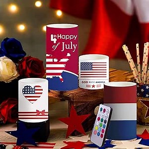4th of July Flameless Pillar Candles with Timer Remote Control,250th Anniversary Red White and Blue LED Candles Battery Operated Set of 4 for American Independence Day Home Decor
