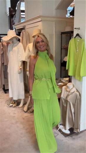 High Neck, One Bare Shoulder, Lime Green Drape: The Gold Belt Defines It All #fashionover50 #ootd