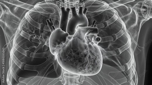 Cinematic slow-motion visualization of a human heart beating within the chest cavity shown through an advanced medical x-ray scanning procedure for anatomical study and diagnostic research.