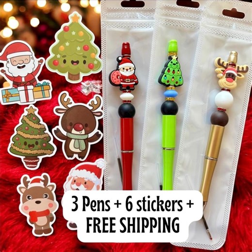 Christmas Beaded Pen Set: Holiday Pens, Refills & Stickers - Etsy