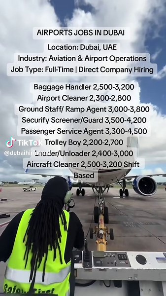 Baggage Handler 2,500-3,200 Airport Cleaner 2,300-2,800 Ground Staff/ Ramp Agent 3,000-3,800 Securify Screener/Guard 3,500-4,200 Passenger Service Agent 3,300-4,500 Trolley Boy 2,200-2,700 Loader/Unloader 2,400-3,000 Aircraft Cleaner 2,500-3,200 Shift Based #fypシ゚ #jobs #uae🇦🇪 #dubai #dubai🇦🇪 #airport #deira