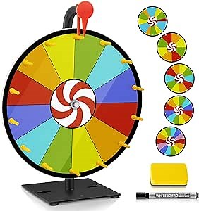 5 in 1 Color Prize Wheel - 12 Inch Wall Mounted or Tabletop Roulette Spinning Wheel, Heavy Duty Metal Base with Dry Erase Marker and Eraser for Trade Show, Carnival, Win Fortune Spin Games