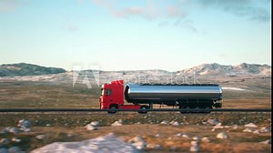Side-view camera follows a tank truck driving on a highway into the sunset. Realistic high quality 3d animation.