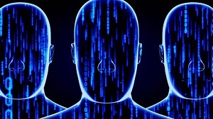 Three Man Faces and Matrix Style Binary Code