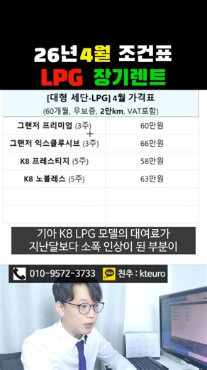 [2026년 4월] LPG / 신차 장기렌트 카 월 대여료 가격 표 조건표