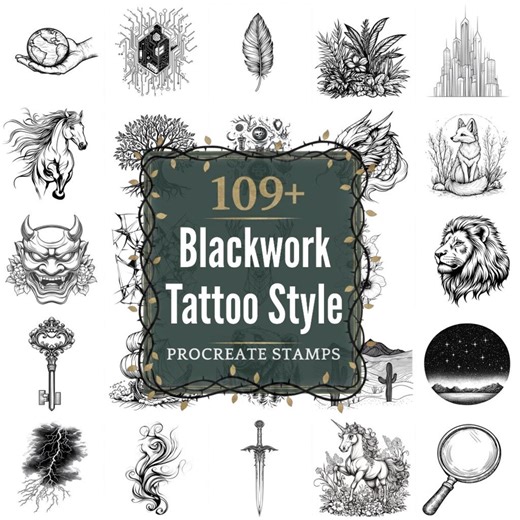 Blackwork Tattoo Style Procreate Stamps | Pngs | 109  Detailed Illustrations (digital Download) - Etsy