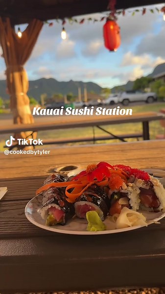 Kauai Sushi Station Known to be one of the best sushi spots in Kauai. This food truck is located right across the street from a Costco and offers a relaxed casual vibe. The sushi is solid, nothing life changing. You could tell the sushi is really fresh and good quality. The staff is awesome. They are very friendly and welcoming. The rolls were $20 each. #sushi #kauai #food