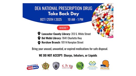 𝐍𝐚𝐭𝐢𝐨𝐧𝐚𝐥 𝐃𝐄𝐀 𝐓𝐚𝐤𝐞 𝐁𝐚𝐜𝐤 𝐃𝐚𝐲 𝐢𝐬 𝐜𝐨𝐦𝐢𝐧𝐠 𝐮𝐩! On Saturday, October 25th, from 10 AM – 1 PM, the Lancaster Police Department along with the Lancaster County Sheriff's Office SC, Coalition For Healthy Youth, The Children's Council, and Counseling Services of Lancaster will host three drop-off locations for you to safely dispose of unused, unwanted, or expired medications: 📍 Lancaster County Library (Lancaster) 📍 Del Webb Library (Indian Land) 📍 Kershaw Branch Library 