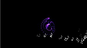 A purple and black background with music notes