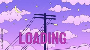 Utility pole sunset loader animation. Electrical cables on dreamy night sky. Flash message 4K video. Chill lofi colour loading animation with alpha channel transparency for UI, UX web design