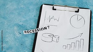 recession text next to clipboard showing a multitude of stas and graphs