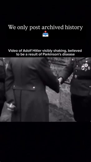 We unarchive archived history here ‼️ on Instagram: "The footage is widely regarded as authentic and shows Adolf Hitler’s characteristic left-hand tremor, a symptom he often attempted to hide in public appearances. Numerous historical sources—ranging from eyewitness accounts to later medical analyses—note this tremor as a consistent physical sign, especially visible in his later years. Many historians and physicians believe these symptoms align with Parkinson’s disease, a progressive neurologica