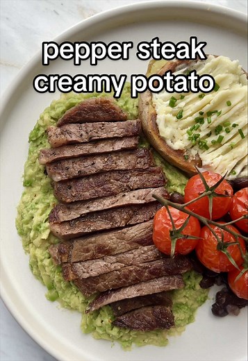 Ribeye Steak with Avocado Dip, Creamy Potato & Roasted Tomato