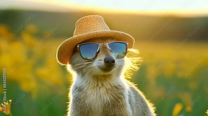 Close-up of a furry prairie dog, a small brown rodent, dressed in sunglasses and a straw hat, sitting on a grassy meadow outdoors. Summer wildlife scene with a playful touch