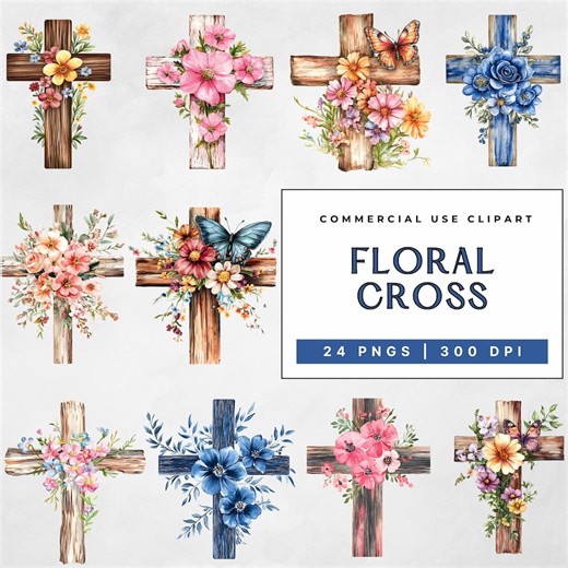 Watercolor Floral Cross Clipart, Wooden Cross Religious Printable Images, Christian Crucifix Scrapbooking Paper Crafts, Commercial Use - Etsy Canada