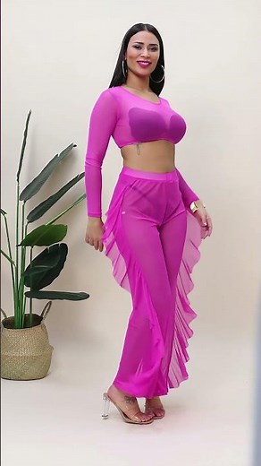 🌸 Hot Pink Mesh Two-Piece Set｜Long Sleeve Beachwear｜High-Waist Ruffle Pants｜Party Outfit👙#shots