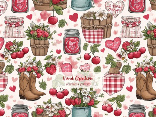 Cowboy Boot Floral Seamless Pattern, Cottagecore Strawberry Cherry Digital Paper (digital Download) - Etsy