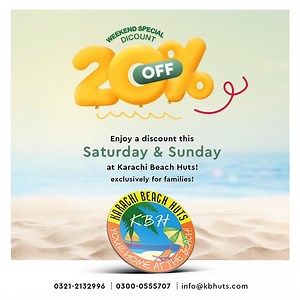 🌟 Weekend Family Special! 🌟 Enjoy a special discount this Saturday and Sunday at Karachi Beach Huts, exclusively for families! 🏖️ Create unforgettable moments with your loved ones at unbeatable rates. 📞 Call us now: 0321-2132996 | 0300-0555707 📧 Email: info@kbhuts.com 🌐 Visit: karachibeachhuts.com #KarachiBeachHuts #FamilyDiscount #WeekendGetaway | Karachi Beach HUTS
