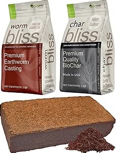 Coco Coir Brick (650gms) + Worm Bliss (1 Qt) + Char Bliss (1 Qt) - Organic Coco Coir for Plants - Worm Castings & Biochar for Plants - Soil Amendment & Organic Fertilizer Bundle - Potting Soil Mix