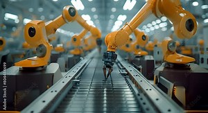 Utilizing Automated Robotic Arms in Modern Factories for Enhanced Production Efficiency. Concept Smart Manufacturing, Robotics in Production, Factory Automation, Enhanced Productivity