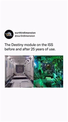 Our Third Dimension | Space Science Universe on Instagram: "⚠️Info: The Destiny laboratory module was launched to the International Space Station in February 2001 aboard Space Shuttle Atlantis, marking a major step in turning the ISS into a functioning research outpost in orbit. At first Destiny contained only a handful of racks for life support and basic systems, with much of its internal space relatively empty compared to today. Over time additional racks and experimental hardware were added t