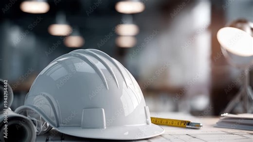 Concept architect desk featuring construction plans, a hard hat, and design tools during a productive workday
