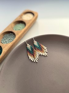 Small Boho Bead Earrings With Turquoise Brown Gradient Design and Ivory Cascading Fringe, Unique Jewelry Gift - Etsy