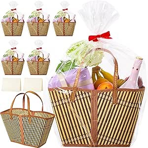 Quzzil 6 Set Christmas Empty Gifts Baskets with Cards Sturdy Xmas Woven Bamboo Large Gift Basket Kit with Handle Wrapping Bag Red Bow to Fill for Santa Holiday Party Wedding Baby Shower Birthday